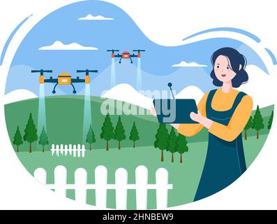 Smart Farming utilizzare tecnologie drone in agricoltura per piante in crescita, Wind Mills, pannelli solari e acqua in cartoon piano illustrazione di fondo Illustrazione Vettoriale