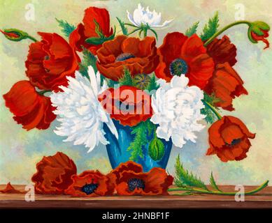 Pittura ad olio di natura morta raffigurante un bouquet di papaveri rossi e fiori bianchi di peonie in vaso. Foto Stock