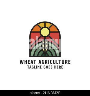 Logo biologico agricoltura grano logo design badge, linea arte fattoria logo illustrazione vettoriale Illustrazione Vettoriale