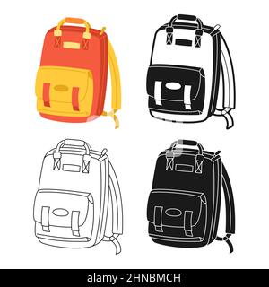 Zaino icona cartoon disegnato o timbro, set di scarabucco. Insegna linea semplice sacchetto. Zaini per bambini scuola studente, viaggiatore e turismo simbolo escursionistico. Disegno per disegno di fotoricettore l'illustrazione vettoriale dell'app mobile Illustrazione Vettoriale