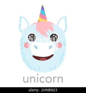 Unicorn blu carino ritratto sorriso testa cartone animato forma rotonda animale faccia, isolato vettore icone illustrazioni su sfondo bianco. Semplice piatto disegnato a mano per i bambini poster, carte, t-shirt, vestiti per bambini Illustrazione Vettoriale