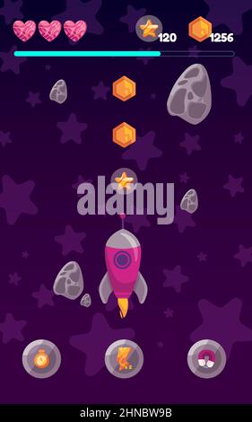 Spazio razzo tiro meteor interfaccia utente design game asset di bambini gioco Illustrazione Vettoriale