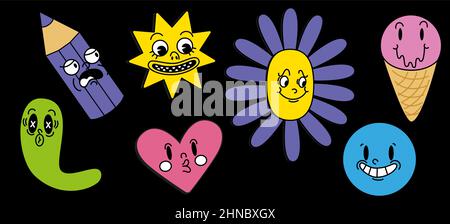 Retro 30s cartoni animati e personaggi fumetti volti. Adesivi emozioni tradizionali. Caratteri vintage per l'illustrazione dei trend. Illustrazione Vettoriale
