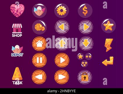 Gioco asset collection set di icone in bubble interfaccia utente pulsante Play pausa prossimo controllo stella precedente colore viola Illustrazione Vettoriale