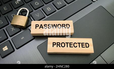 Vista ravvicinata del testo su blocchi di legno- protetto da password. Con armadietto sfocato e sfondo del notebook. Informazioni sulla password Foto Stock