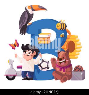 B lettera raccolta di illustrazione oggetto di libro di ape birdbear farfalla casella e palla grande testo Illustrazione Vettoriale
