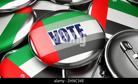 Votate negli Emirati Arabi Uniti - bandiera nazionale degli Emirati Arabi Uniti su decine di pulsanti di pinback che simboleggiano il prossimo voto in questo paese. , 3d illu Foto Stock