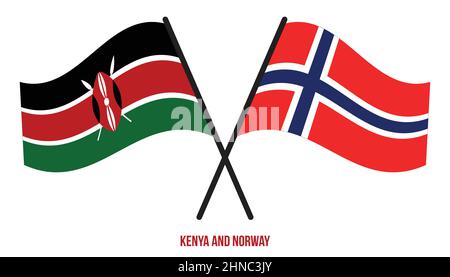 Kenya e Norvegia Bandiere attraversate e ondeggianti stile piatto. Proporzione ufficiale. Colori corretti. Illustrazione Vettoriale