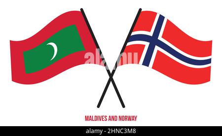 Maldive e Norway Bandiere attraversate e ondeggianti stile piatto. Proporzione ufficiale. Colori corretti. Illustrazione Vettoriale