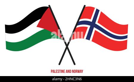 Bandiere della Palestina e della Norvegia attraversate e ondeggianti stile piatto. Proporzione ufficiale. Colori corretti. Illustrazione Vettoriale