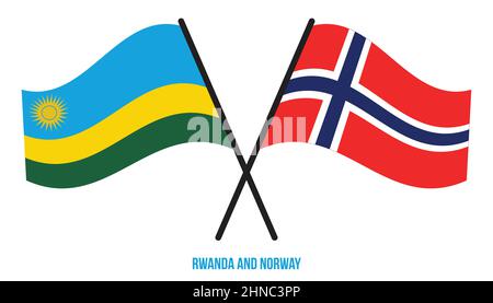 Bandiere del Ruanda e della Norvegia attraversate e ondeggianti stile piatto. Proporzione ufficiale. Colori corretti. Illustrazione Vettoriale