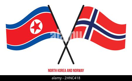 Corea del Nord e Norvegia Bandiere incrociate e ondulate in stile piatto. Proporzione ufficiale. Colori corretti. Illustrazione Vettoriale