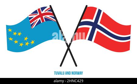 Bandiere di Tuvalu e Norvegia in stile piatto incrociato e ondeggiante. Proporzione ufficiale. Colori corretti. Illustrazione Vettoriale
