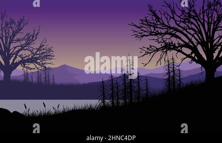 La bella vista di montagna sul fiume con sagome di erba intorno ad esso Illustrazione Vettoriale