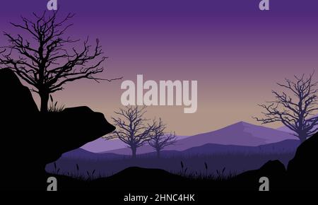 Vista realistica della foresta e delle montagne dal bordo della scogliera Illustrazione Vettoriale