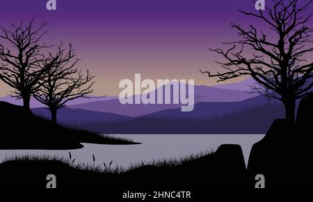 Fantastica vista sulle montagne dal lago con la silhouette dei pini tutto intorno Illustrazione Vettoriale