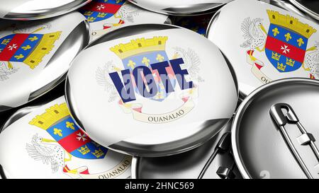 Vota a Saint Barthelemy - bandiera nazionale di Saint Barthelemy su decine di pulsanti di pinback che simboleggiano il prossimo voto in questo paese. , 3d illustrazione Foto Stock