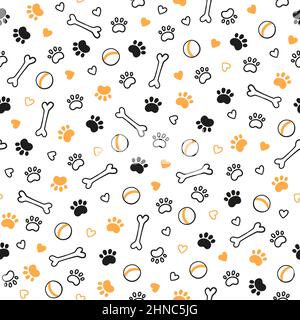 Modello di cane senza cuciture con stampe di zampe, ossa, cuori e palle. Struttura del piede del gatto. Modello con pegno e ossa. Struttura del cane. Vettore disegnato a mano Illustrazione Vettoriale