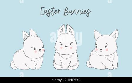 Set di Pasqua con simpatici coniglietti. Perfetto per scrapbooking, kit adesivi, tag, biglietti d'auguri, inviti alle feste. Illustrazione vettoriale disegnata a mano Illustrazione Vettoriale