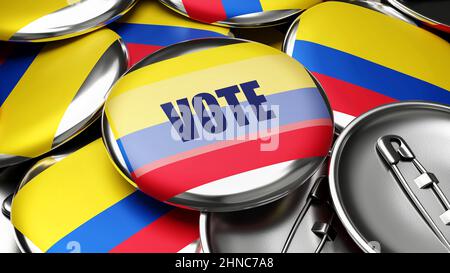 Voto in Colombia - bandiera nazionale della Colombia su decine di pulsanti di pinback che simboleggiano il prossimo voto in questo paese. , 3d illustrazione Foto Stock