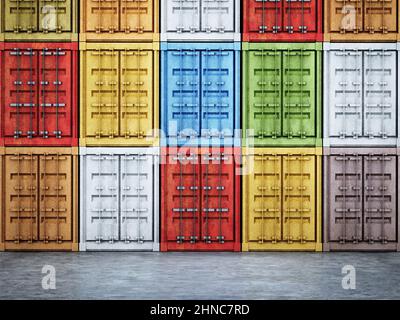 Pila di contenitori di carico colorati. 3D illustrazione. Foto Stock