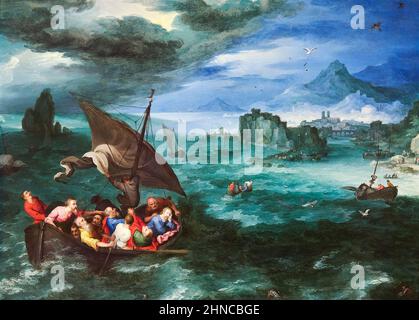 Jan Brueghel, il Vecchio (1568-1625). Cristo nella tempesta sul mare di Galilea. 1596. Olio su rame. 26,6 x 35 cm. Jan Brueghel il Vecchio era un leadi Foto Stock