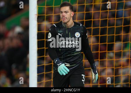 Ederson of Manchester City - Norwich City / Manchester City, Premier League, Carrow Road, Norwich, UK - 12th febbraio 2022 solo per uso editoriale - si applicano le restrizioni DataCo Foto Stock