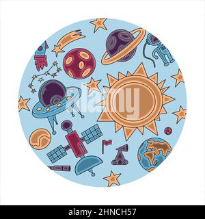 Disegno di mano spazio illustrazione con un razzo, astronauta, pianeti e alieni. Carino, i vettori dei bambini che disegnano circa le navicelle spaziali, le piattine volanti e. Illustrazione Vettoriale