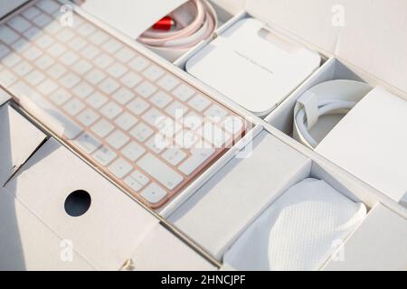 Bologna, Italia: 14 febbraio 2022.Unboxing il nuovo computer portatile Apple rosa iMac M1 ,2021 appena fuori dalla confezione. Nuovo notebook in confezione Apple sul tavolo Foto Stock