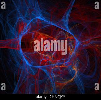 Fili rossi e blu disposti in cerchi intorno al centro. Sfondo nero Foto Stock