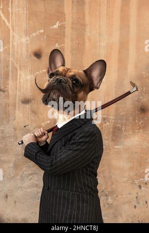 Collage d'arte contemporanea. Idea, aspirazione, immaginazione. Modello maschio con testa di cane isolato su sfondo vintage. Surrealismo, moda, stile Foto Stock