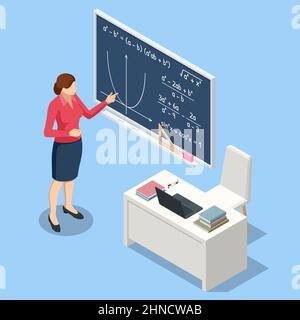 Concetto isometrico di matematica e di geometria lezione, studio. Apprendimento personalizzato. E-learning, formazione online. Algebra, geometria, statistiche, base Illustrazione Vettoriale