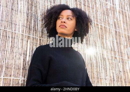 Da sotto affascinante African American femmina con capelli ricci in nero tortleneck in piedi guardando lontano vicino alto muro di bambù sulla strada Foto Stock