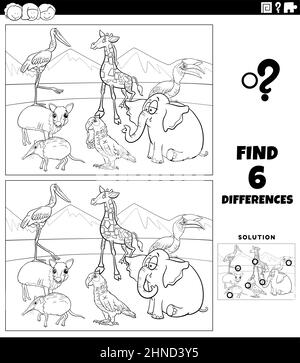 Cartoon in bianco e nero illustrazione di trovare le differenze tra le immagini gioco educativo per bambini con fumetto animale personaggi gruppo colo Illustrazione Vettoriale