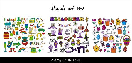 Pasqua, Halloween, le collezioni di scarabucchi del giorno di san patrizio. Disegno vettoriale a mano immagine sfondo isolato. Grande set di schizzi Illustrazione Vettoriale