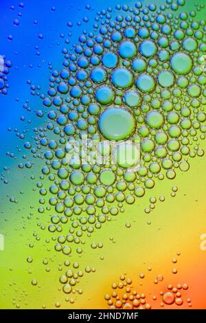 Irlanda, Contea di Sligo, Carney, bolle su sfondo colorato prodotto mescolando olio vegetale da cucina con acqua e fotografando i risultati con Foto Stock
