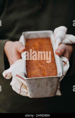 Mani dell'uomo che tengono una barattina di torta d'arancia del sangue Foto Stock