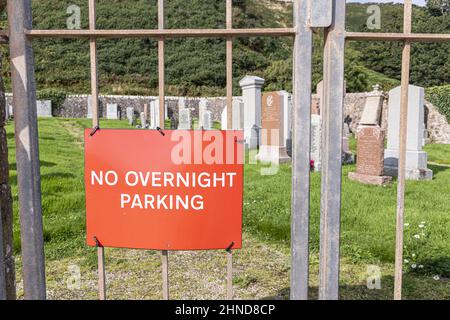 Nessun avviso di parcheggio notturno al Keil Cemetery vicino Southend sulla penisola di Kintyre, Argyll & Bute, Scozia Regno Unito Foto Stock