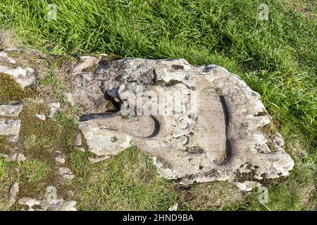 Saint Columba's Footprint a Keil Point, Dunaverty Bay, vicino a Southend sulla penisola di Kintyre, Argyll & Bute, Scozia Regno Unito Foto Stock