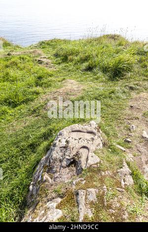 Saint Columba's Footprint a Keil Point, Dunaverty Bay, vicino a Southend sulla penisola di Kintyre, Argyll & Bute, Scozia Regno Unito Foto Stock