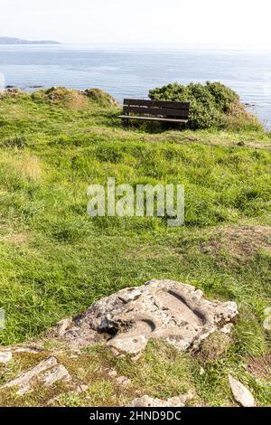 Saint Columba's Footprint a Keil Point, Dunaverty Bay, vicino a Southend sulla penisola di Kintyre, Argyll & Bute, Scozia Regno Unito Foto Stock