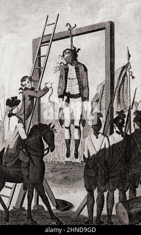 L'esecuzione del maggiore Andre, 2 ottobre 1780. John Andre, 1751 - 1780. Esercito britannico maggiore durante la guerra rivoluzionaria americana. Fu catturato dietro le linee americane mentre era in missione e impiccato come una spia. Da Edward Barnard's The New, imparziale e completa History of England pubblicato nel 1790. Foto Stock