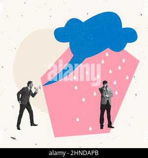 Collage d'arte contemporanea. Un uomo d'affari gridando in megafone con rabbia a un dipendente stressato che simboleggia i problemi aziendali Foto Stock