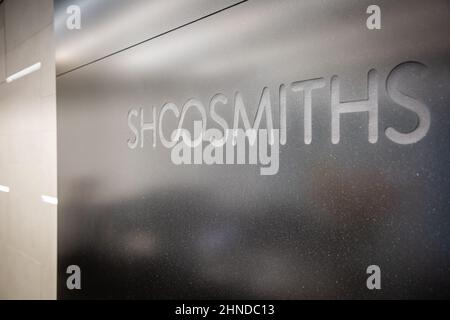 Studio legale Shoosmiths a Londra, all'interno della reception Foto Stock