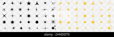 Collezione di stelle. Icone vettoriali a stella. Golden e Black Set of Stars, isolato su sfondo trasparente. Icona a stella. Stelle in moderno e semplice stile piatto. Illustrazione Vettoriale