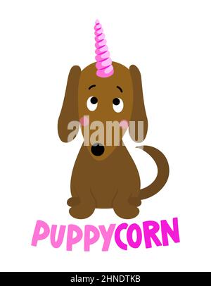 Puppycorn - Doodle disegnare divertente cane unicorno. Lettere disegnate a mano per biglietti d'auguri Love Day, invito. Ideale per t-shirt, tazza, regalo, stampatrice. Illustrazione Vettoriale