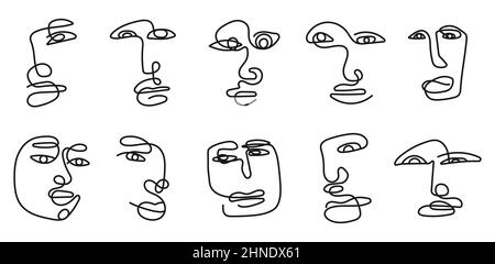 Set di volti umani diversi in uno stile minimalista con un'unica linea. Silhouette di facce femmina e maschio disegnate. Ragazze faccia collezione. Arte contemporanea Illustrazione Vettoriale