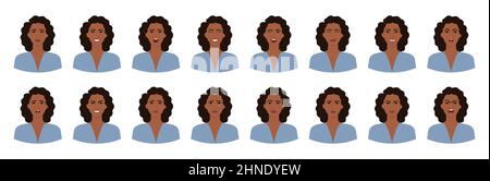 Set di emozioni di donna nera con capelli ricci. Variazioni delle espressioni facciali femminili. Sorridi, felice, allegro, sorpreso, triste, insoddisfatto, irato, Illustrazione Vettoriale