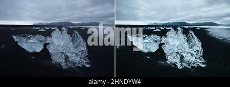 I pezzi dell'iceberg brillano. Location Jokulsarlon Lagoon, Diamond Beach, Vatnajokull National Park, Islanda, Europa. Immagini prima e dopo. Origine Foto Stock