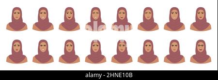 Insieme di emozioni di donna in hijab. Variazioni delle espressioni facciali femminili. Sorridi, felice, allegro, sorpreso, triste, emo insoddisfatto, arrabbiato, terrorizzato Illustrazione Vettoriale